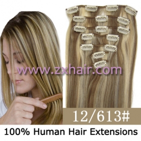 15" 7pcs set Clip-in hair remy Human Hair Extensions #12/613