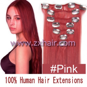 15" 7pcs set Clip-in hair remy Human Hair Extensions #pink