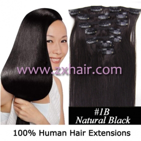 20" 7pcs set Clip-in hair remy Human Hair Extensions #1B