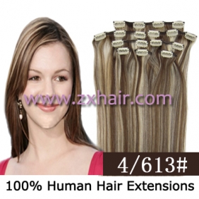 20" 8pcs set Clip-in hair remy Human Hair Extensions #4/613