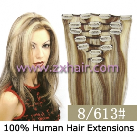 18" 7pcs set Clips-in hair 70g remy Human Hair Extensions #8/613
