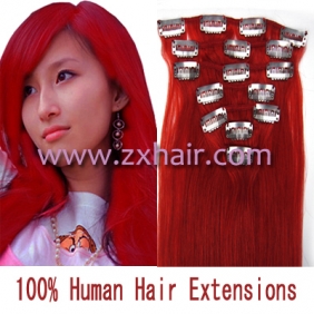 22" 7pcs set Clips-in hair 80g remy Human Hair Extensions #red