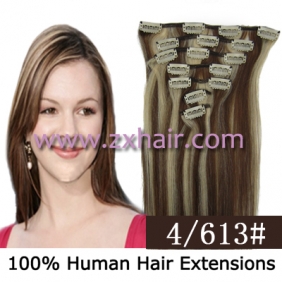 22" 7pcs set Clips-in hair 80g remy Human Hair Extensions #4/613